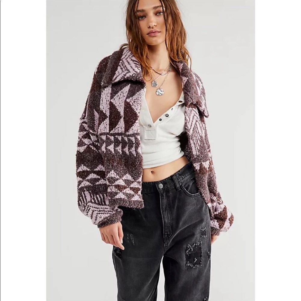 NWT Free People One and Another Cardi Printed Cardigan Sweater Purple Medium